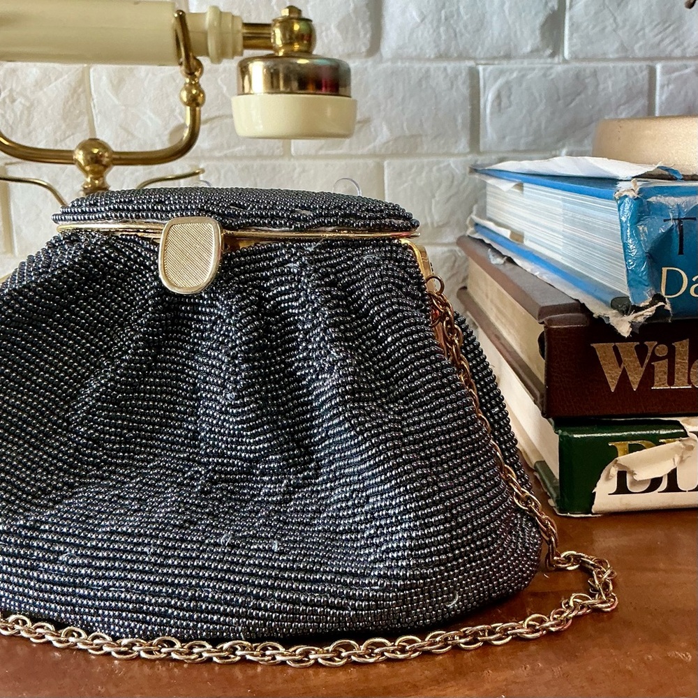 Vintage Nina Ricci Paris Pewter Beaded Evening Bag Gold-Tone Metal Clasp Frame - Picture 5 of 13